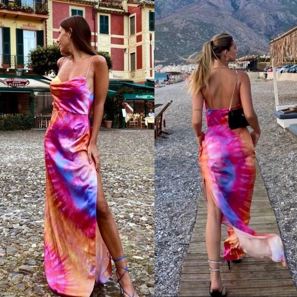 Retrofete Marlene Tie-Dyed Stretch Silk Satin Maxi Dress Sunset Orange Size XS - Picture 9 of 10